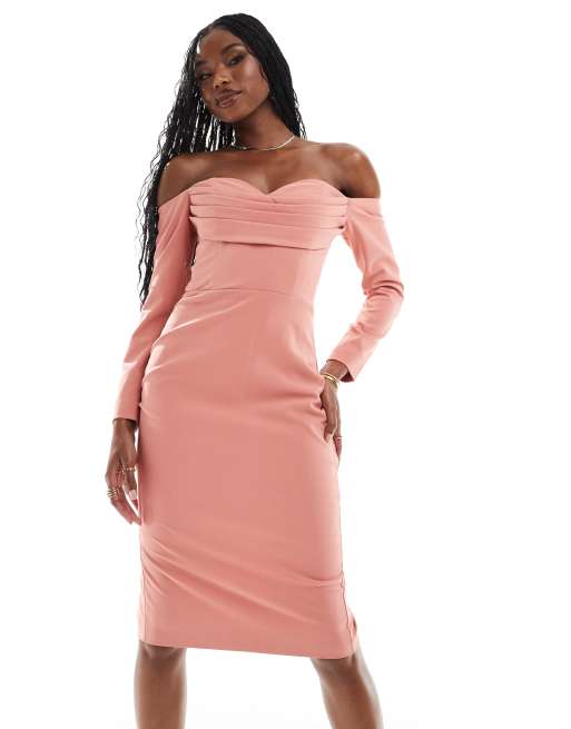 Lavish Alice off shoulder midi dress in light pink ASOS