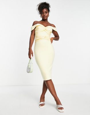 Shop Lavish Alice Off Shoulder Twist Detail Midi Dress In Butter-yellow
