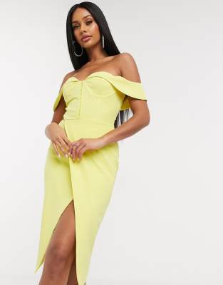 yellow off shoulder midi dress