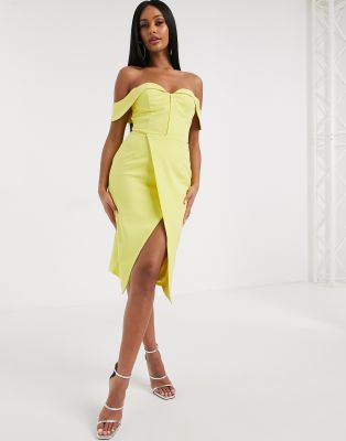 yellow off the shoulder midi dress