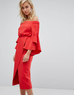 red off the shoulder frill dress