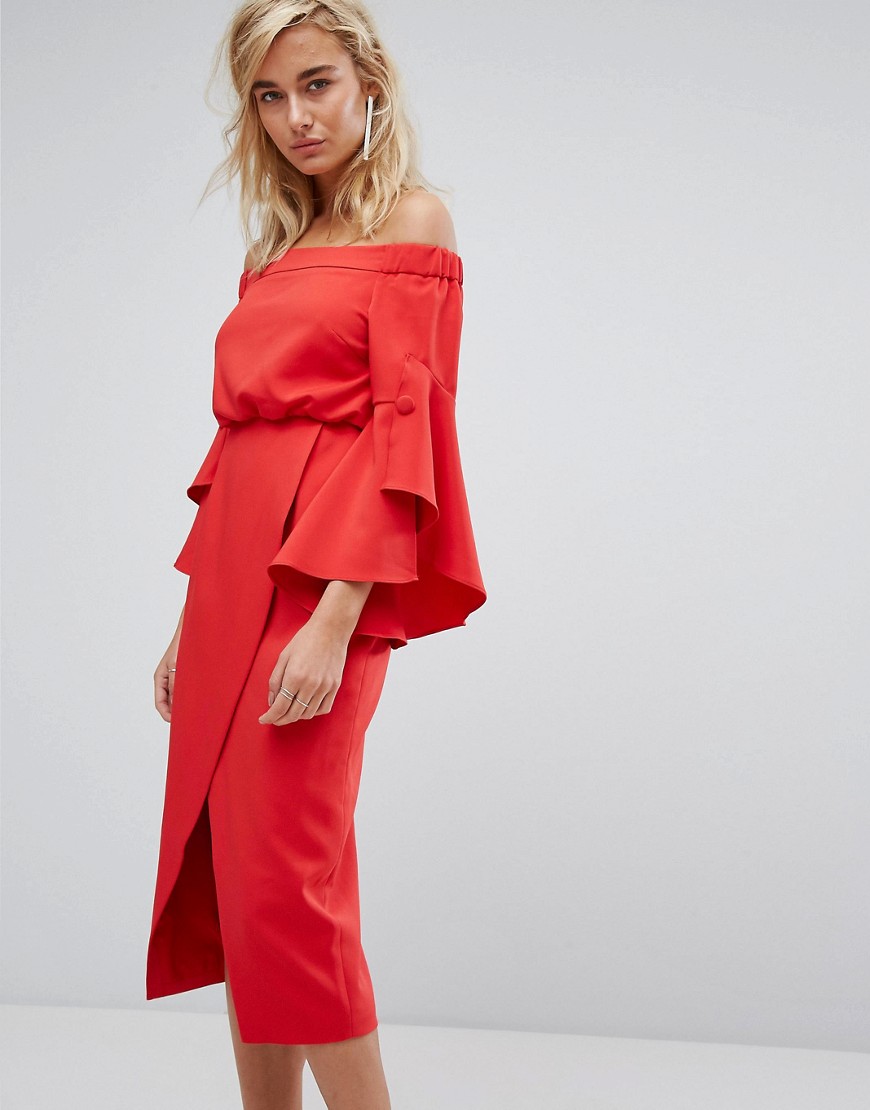 Lavish Alice Off The Shoulder Midi Dress With Bell Frill Sleeves-Red