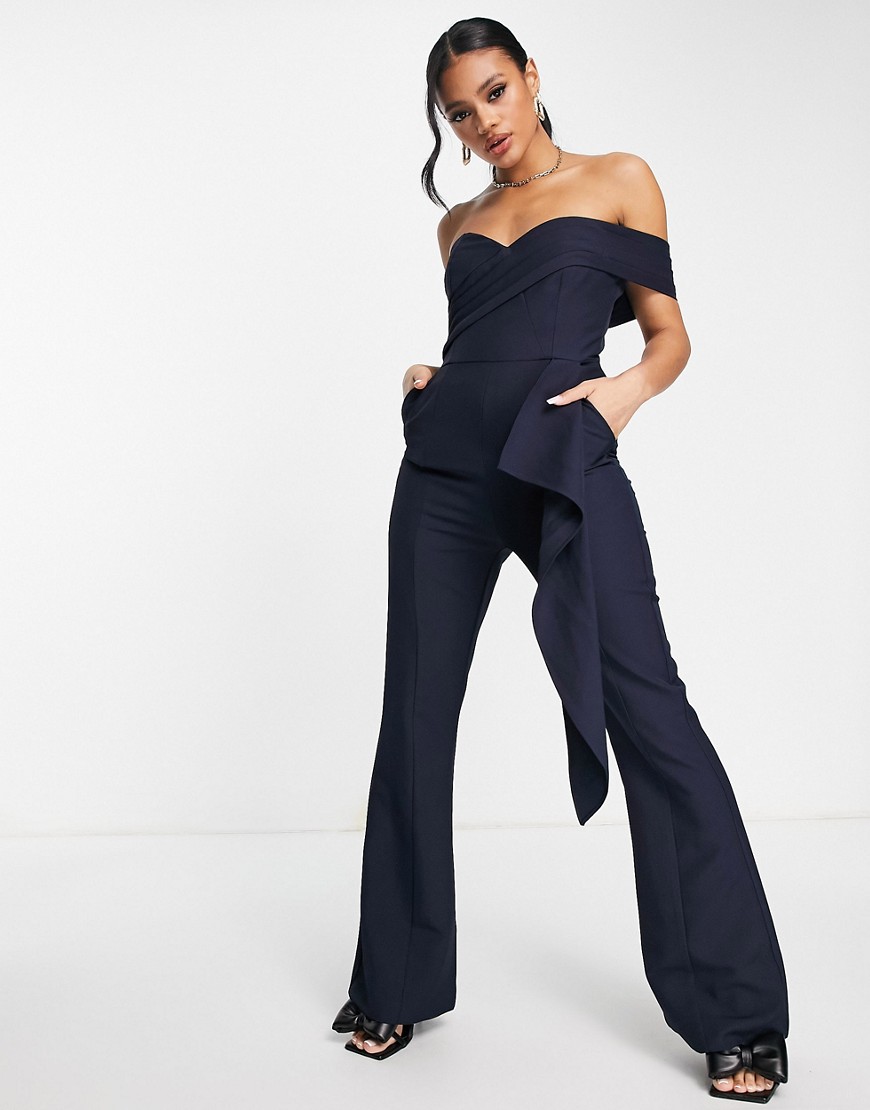 Lavish Alice off the shoulder ruffle detail jumpsuit in navy