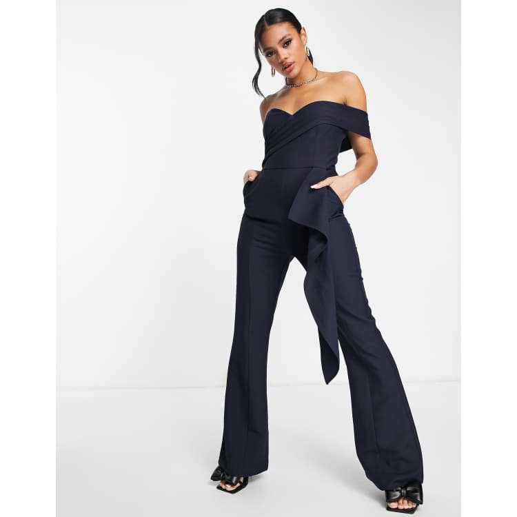 Lavish Alice off the shoulder ruffle detail jumpsuit in navy