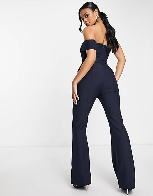 Jumpsuits & Playsuits Lavish Alice off the shoulder ruffle detail jumpsuit in navy 
