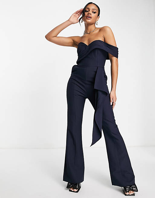 Jumpsuits & Playsuits Lavish Alice off the shoulder ruffle detail jumpsuit in navy 