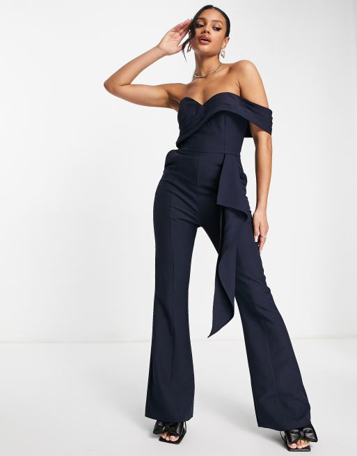 Lavish Alice off the shoulder ruffle detail jumpsuit in navy