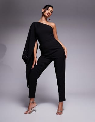 ombre embellished one shoulder cape jumpsuit in black