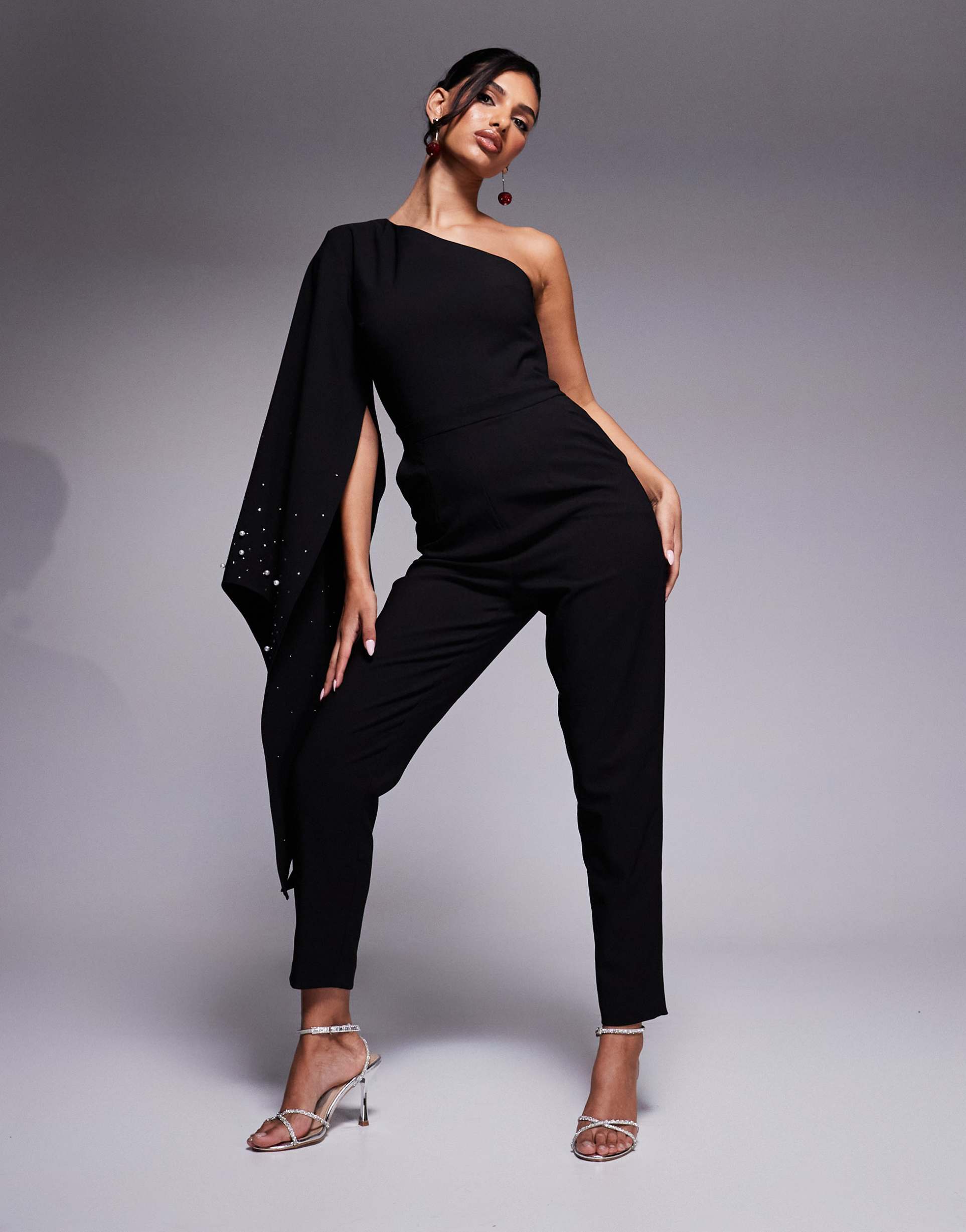 lavish alice ombre embellished one shoulder cape jumpsuit in black