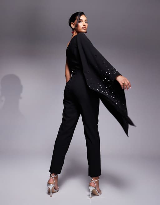 Lavish Alice ombre embellished one shoulder cape jumpsuit in black