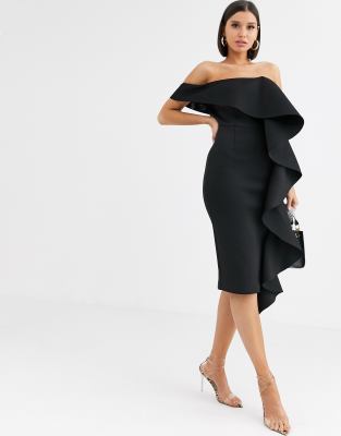 lavish alice one shoulder scuba exaggerated frill midi dress