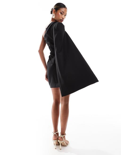 Lavish Alice one shoulder cape blazer dress in black