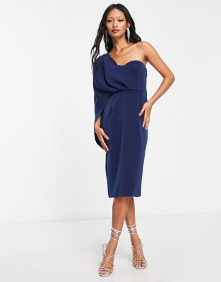 one shoulder cape detail midi dress in navy