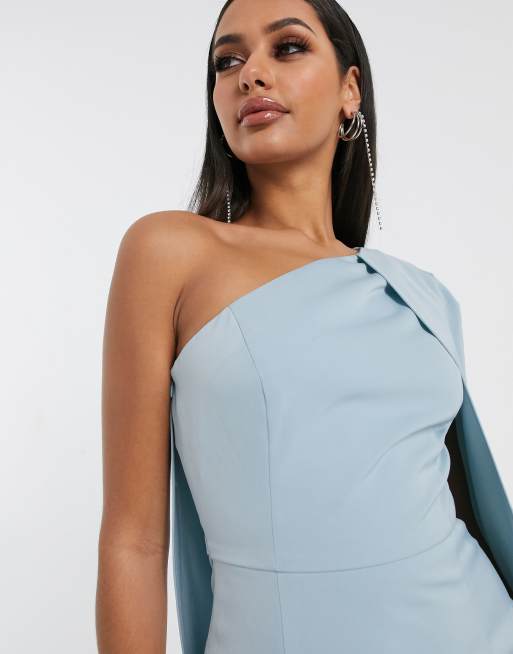 Lavish Alice one shoulder cape detail midi pencil dress in blue