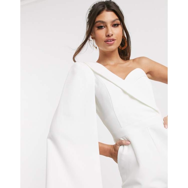 Lavish Alice one shoulder cape jumpsuit in white