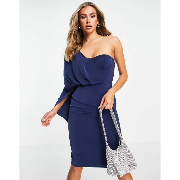 Club L London - UK Madeleine | Navy Fishtail Maxi Dress with Bardot Mesh Long Sleeves US 0 / Navy