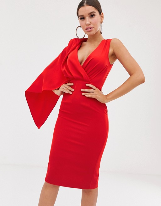 Lavish Alice one shoulder caped midi dress in red | ASOS