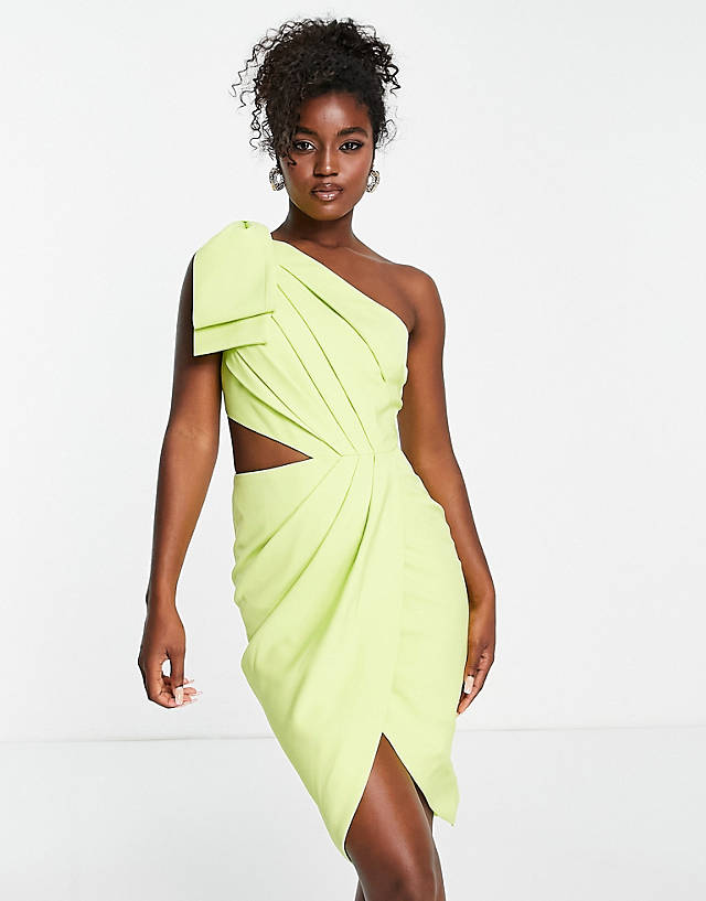 Lavish Alice - one shoulder cut out detail wrap midi dress in lime green