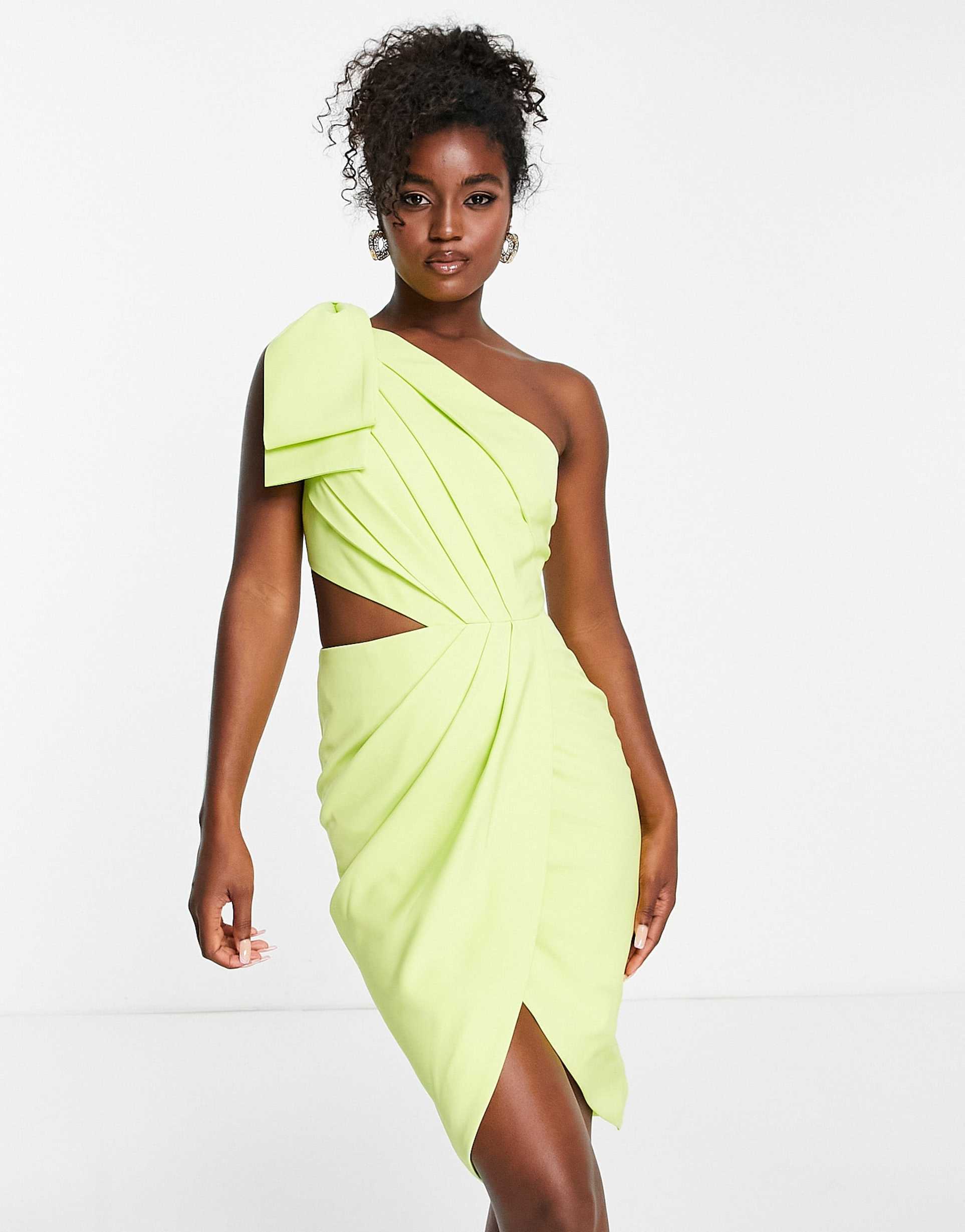 lavish alice one shoulder cut out detail wrap midi dress in lime green