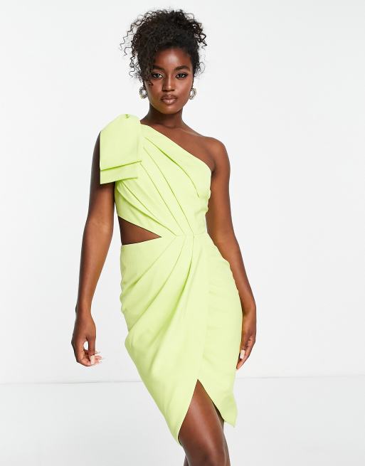 Lavish Alice one shoulder cut out detail wrap midi dress in lime green ASOS