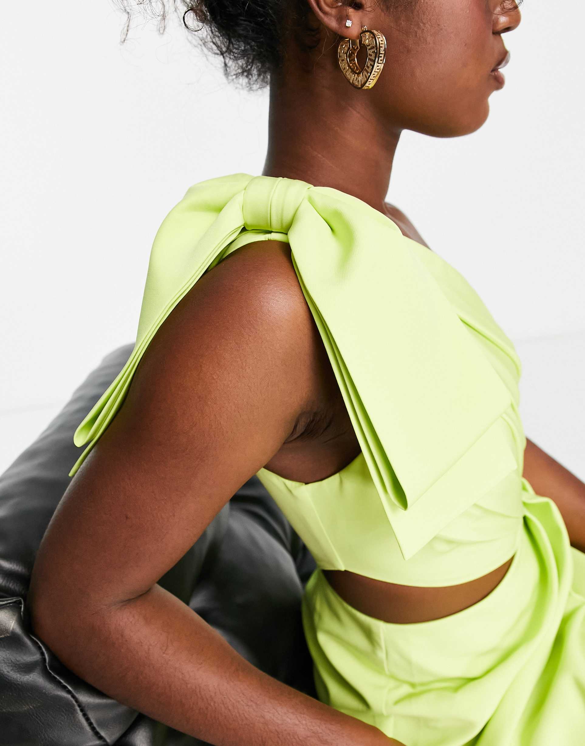 lavish alice one shoulder cut out detail wrap midi dress in lime green