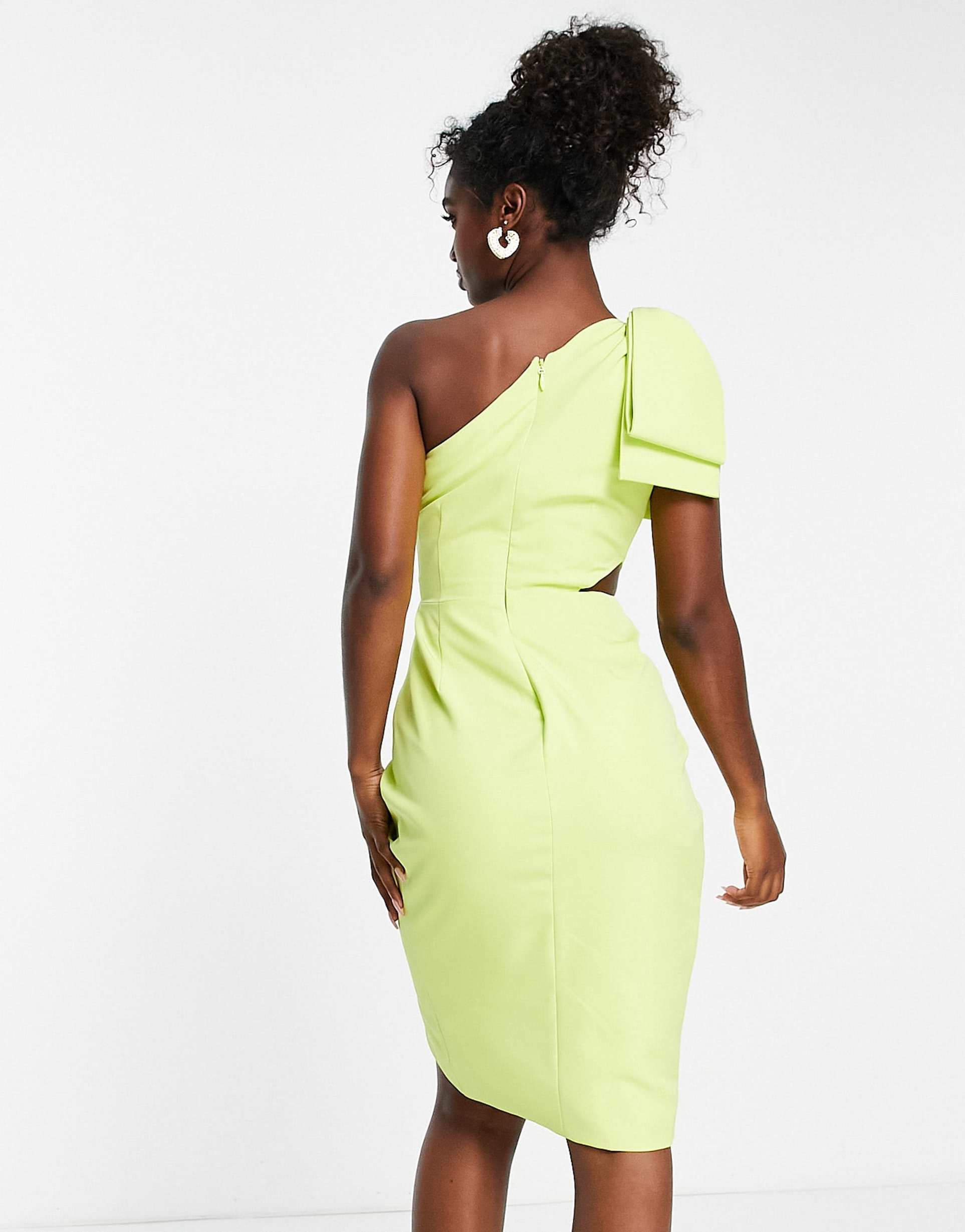 lavish alice one shoulder cut out detail wrap midi dress in lime green