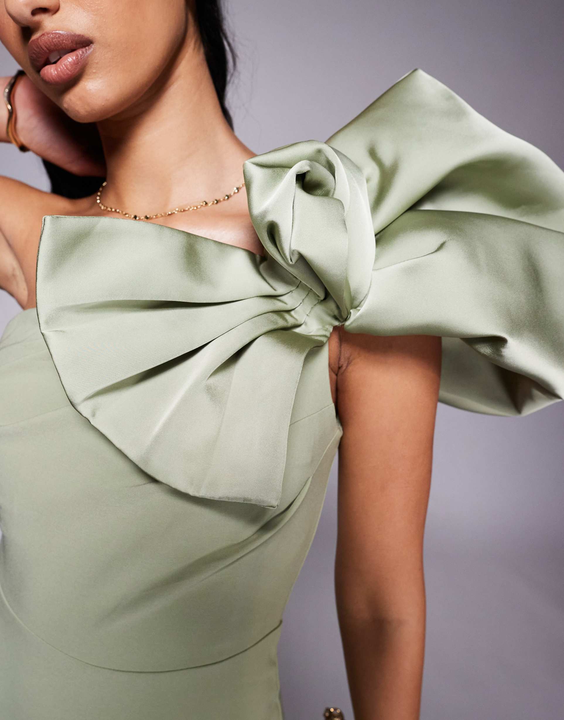 lavish alice one shoulder detail midi dress in sage green
