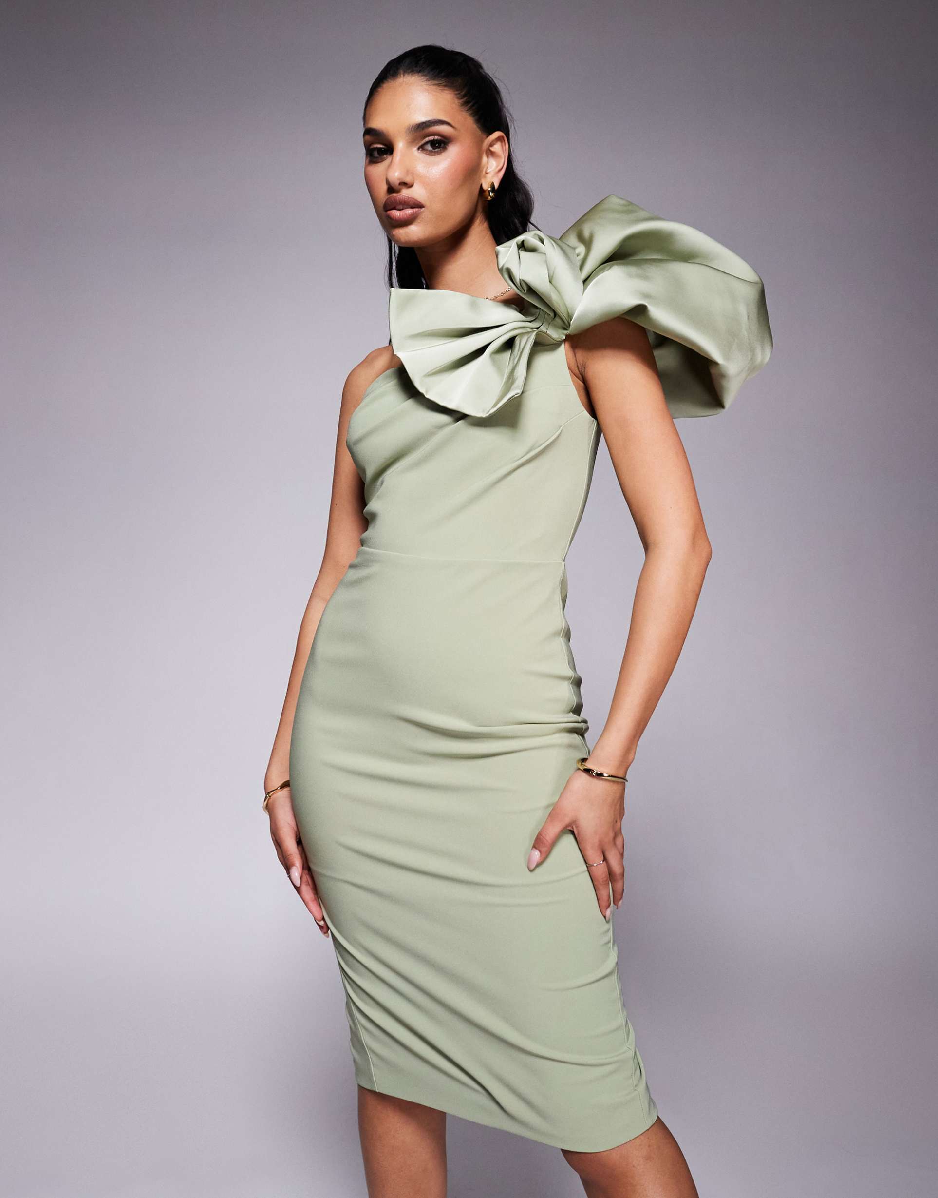 lavish alice one shoulder detail midi dress in sage green