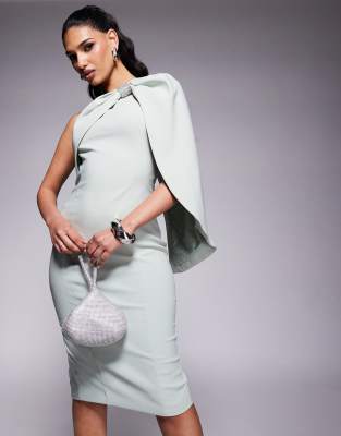 LAVISH ALICE ONE-SHOULDER EMBELLISHED BOW CAPE MIDI DRESS 