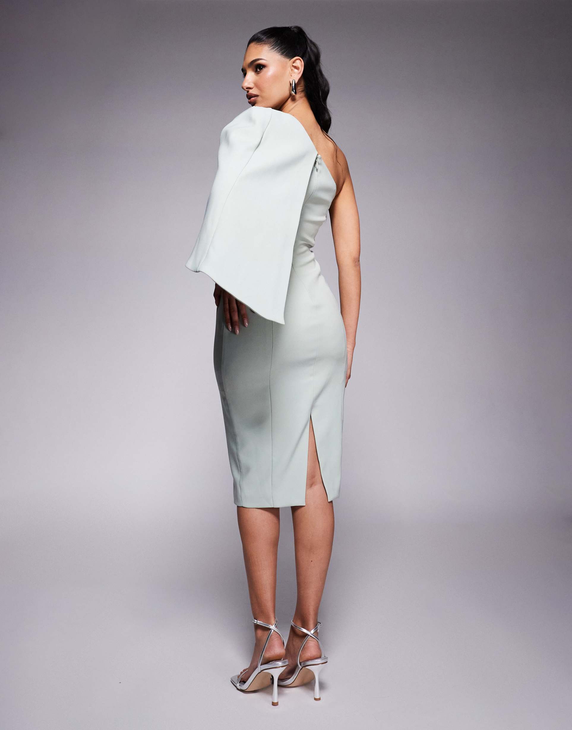 lavish alice one-shoulder embellished bow cape midi dress in sage