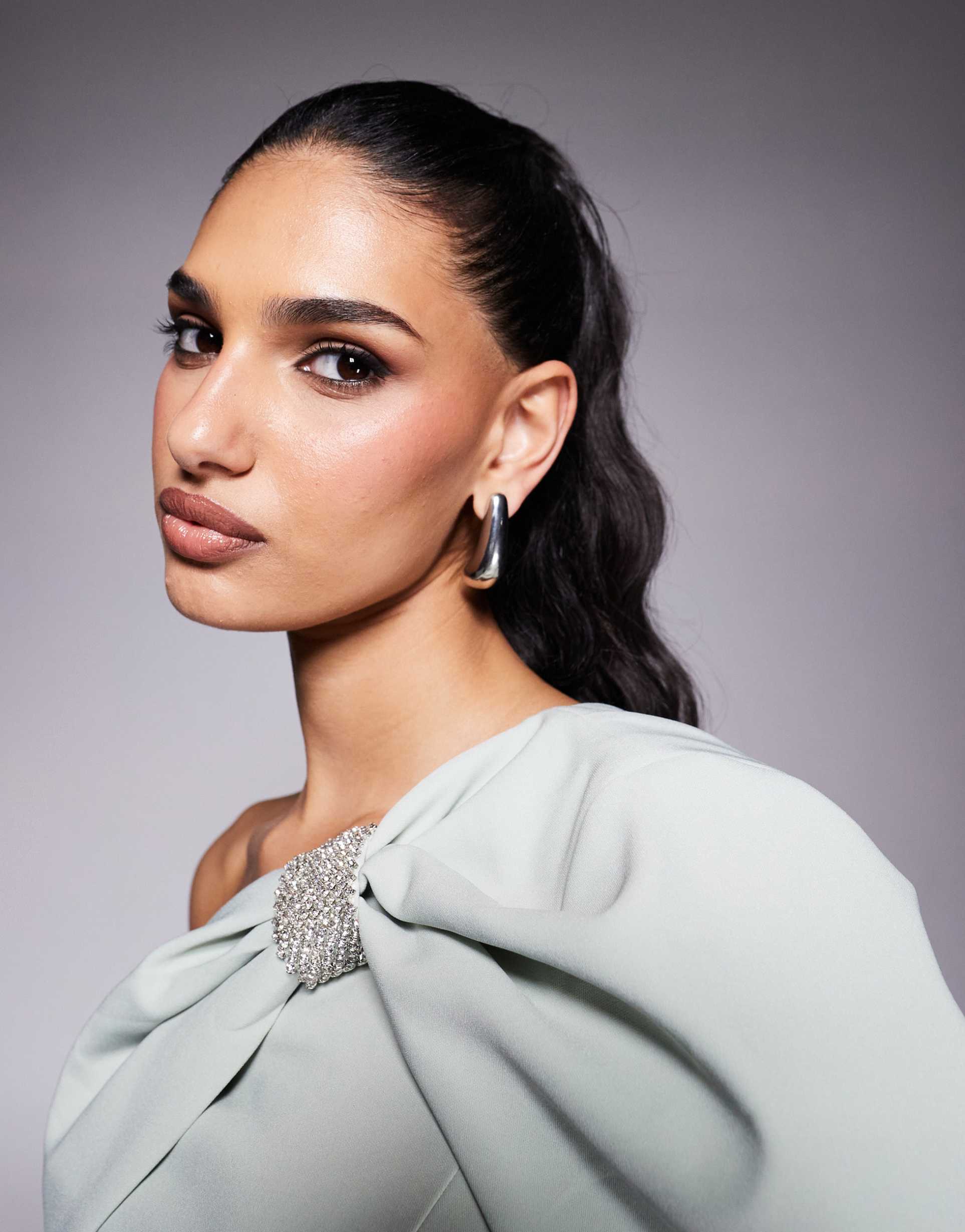 lavish alice one-shoulder embellished bow cape midi dress in sage