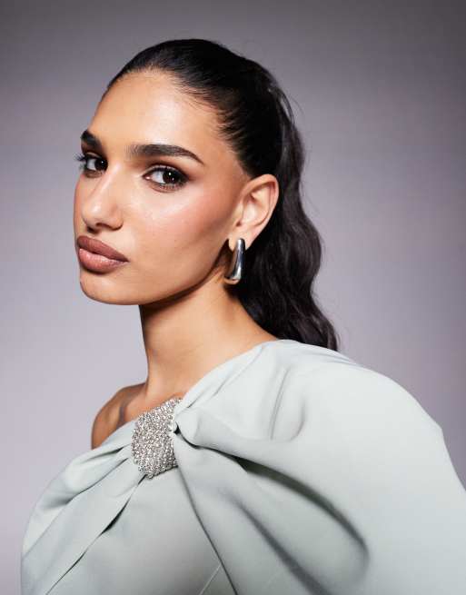 Lavish Alice one shoulder embellished bow cape midi dress in sage