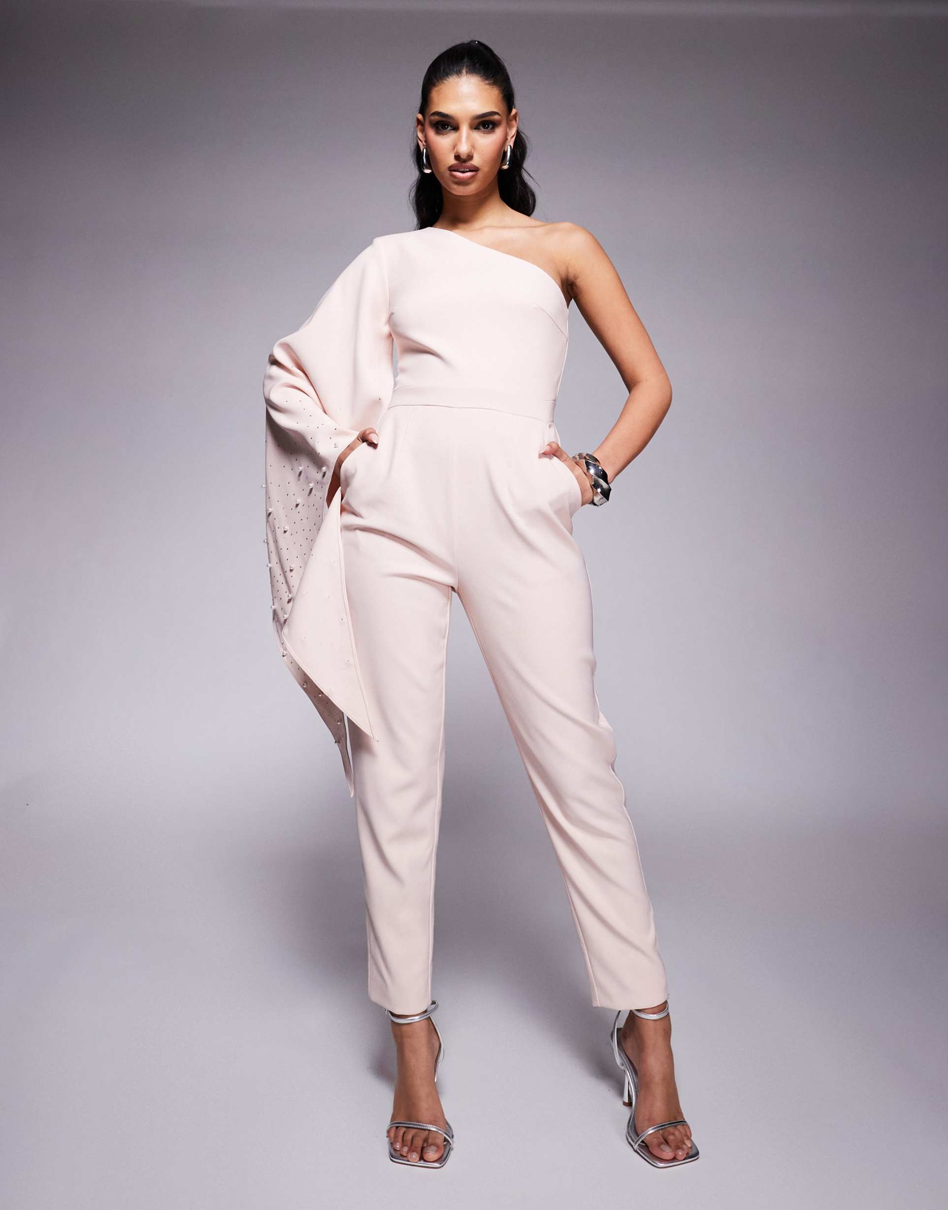 lavish alice one shoulder embellished cape jumpsuit in pink