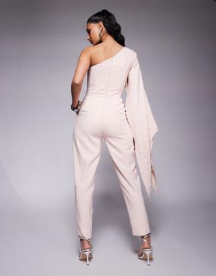 Lavish Alice One Shoulder Embellished Cape Jumpsuit In Pink