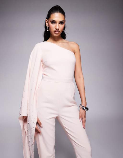 Lavish Alice one shoulder embellished cape jumpsuit in pink