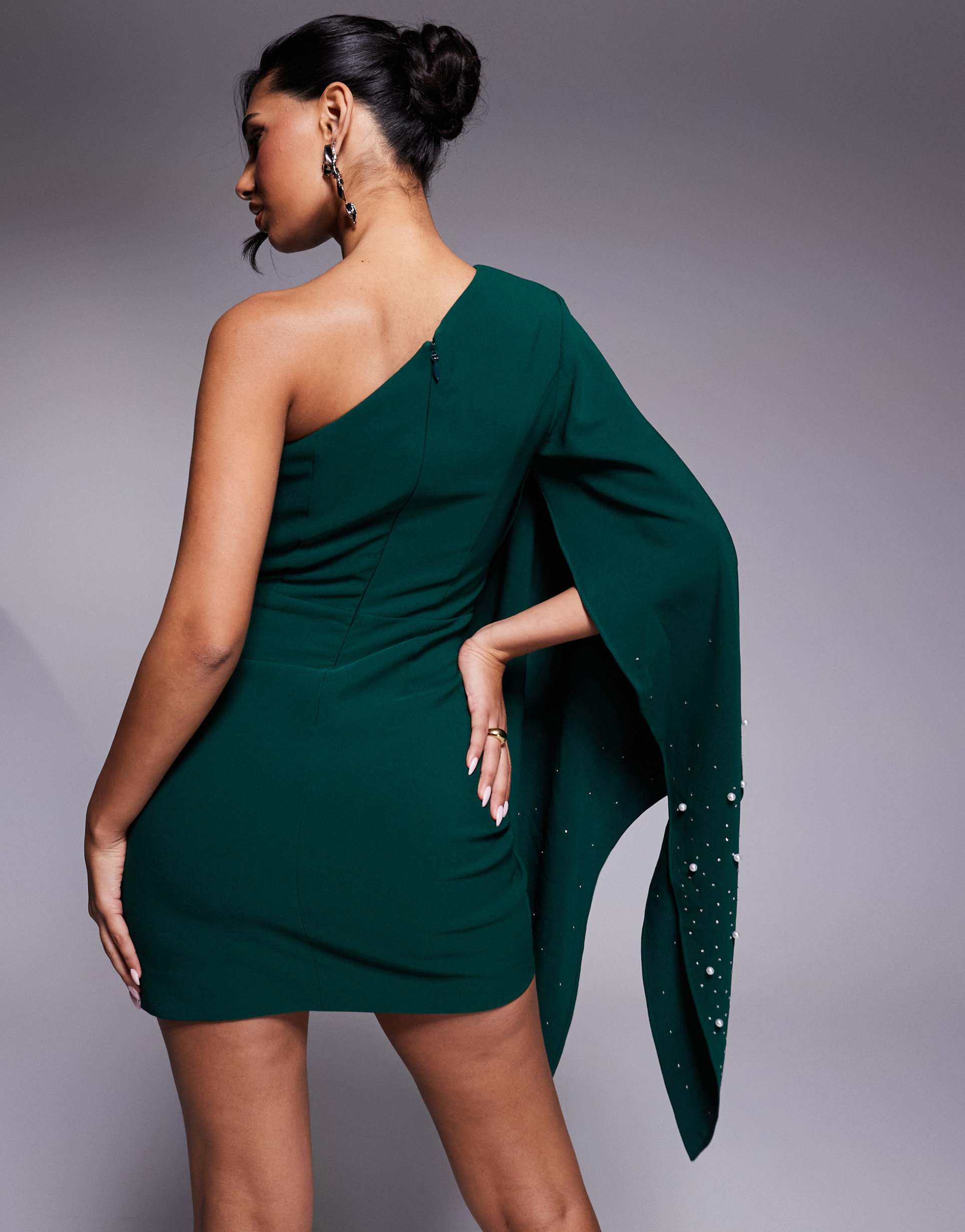 lavish alice one shoulder embellished cape mini dress in emerald green