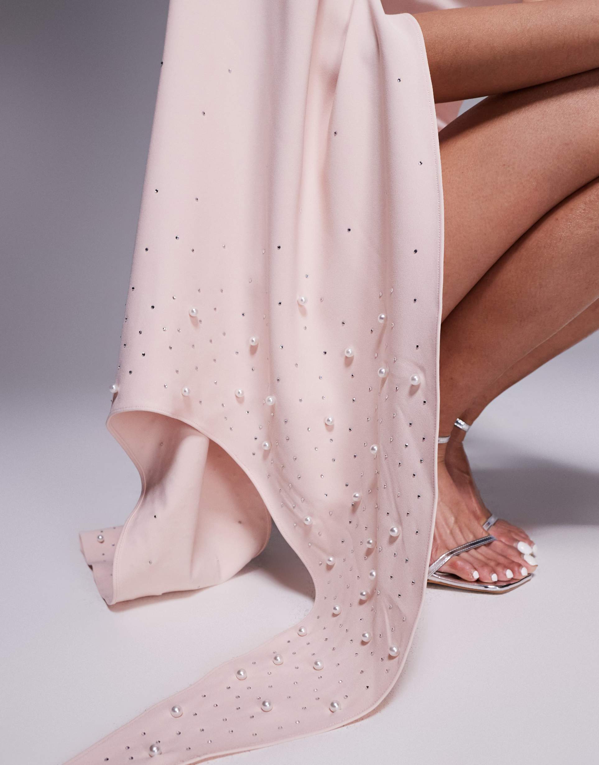 lavish alice one shoulder embellished cape mini dress in pink