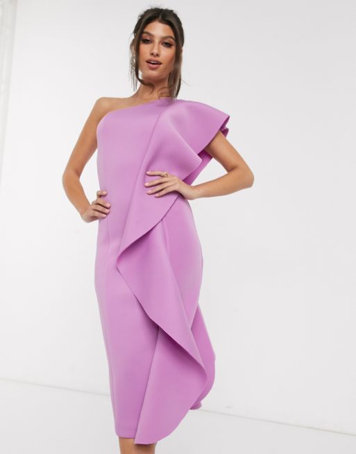 Lavish Alice one shoulder exaggerated frill scuba dress in lilac