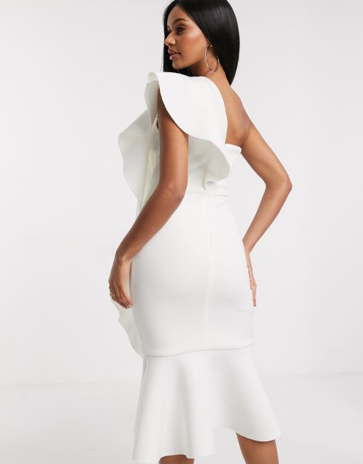 One Shoulder Ruffle Maxi Scuba Dress - White - Wholesale Womens