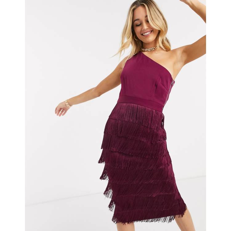 Lavish Alice one shoulder fringe midi dress in burgundy