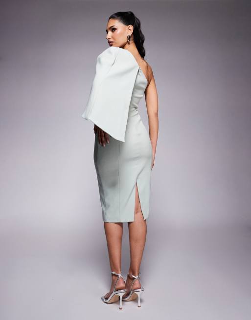 Lavish Alice – One-Shoulder-Midikleid in Salbeigrün mit Schleifen-Capedetail, 3 von 4