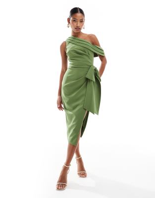 one shoulder pleated midi dress in green