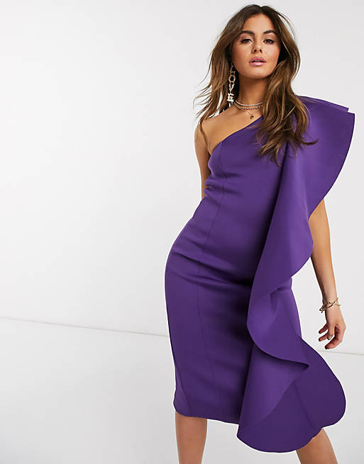 Lavish Alice one shoulder scuba frill midi dress in purple | ASOS