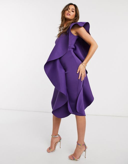 Lavish Alice one shoulder scuba frill midi dress in purple