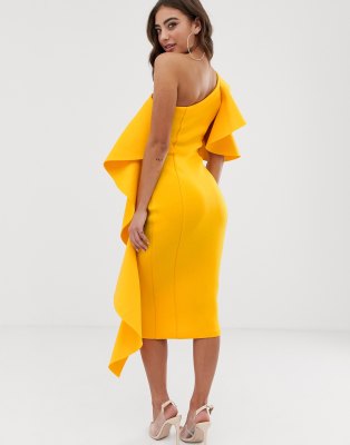 yellow one shoulder midi dress