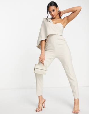 Lavish Alice one sleeve cape detail jumpsuit in ecru-White