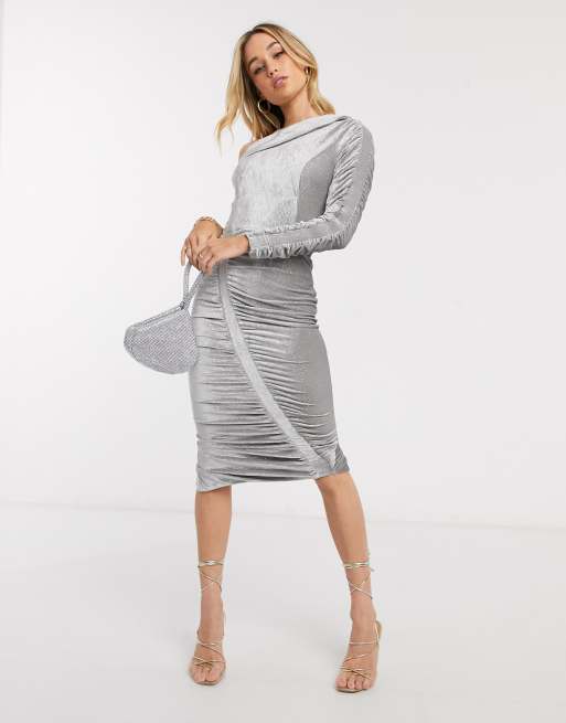 Lavish Alice one sleeve gathered velvet diamante midi dress in silver grey