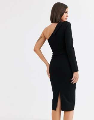 one sleeve black midi dress