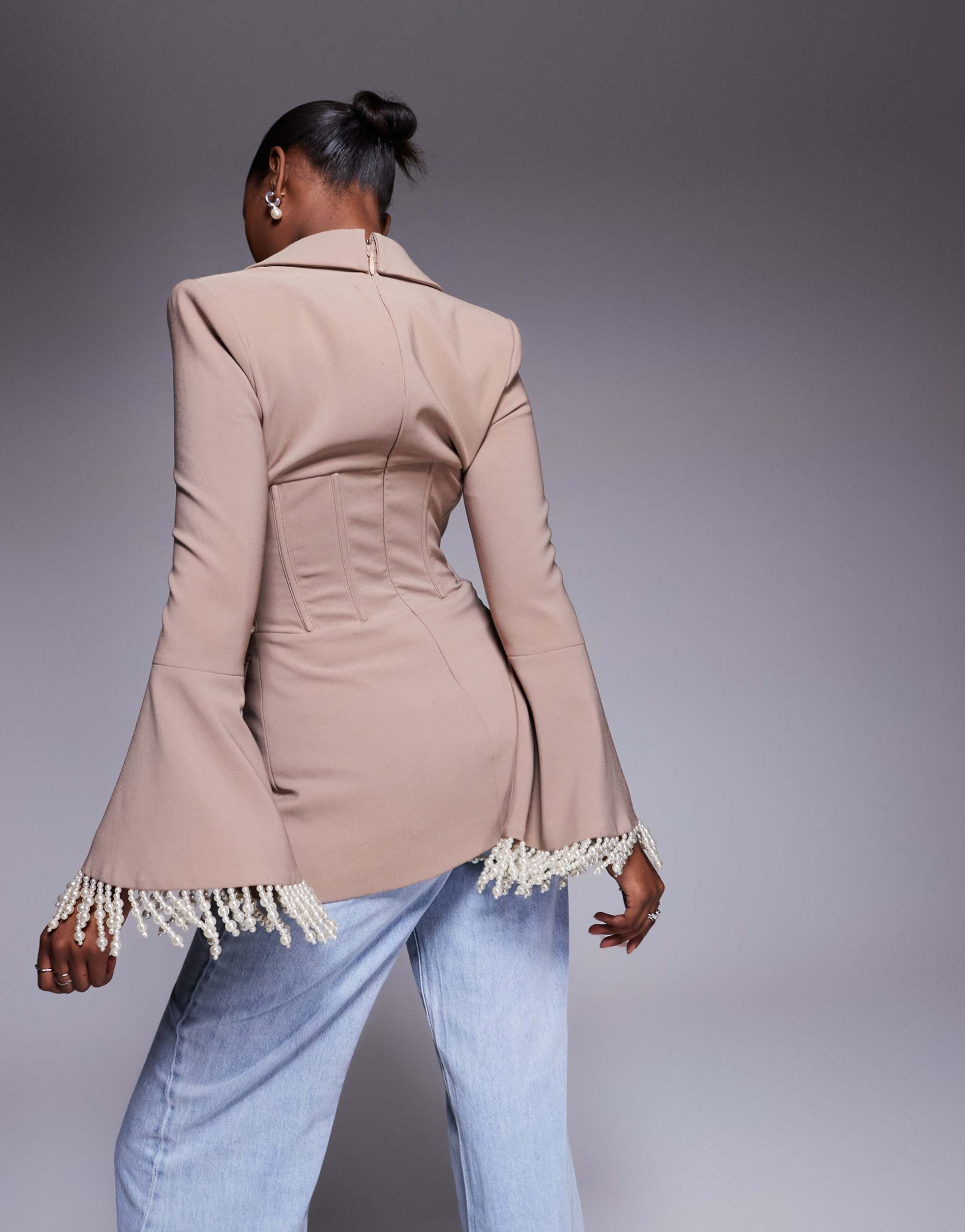 lavish alice pearl embellished blazer in mushroom