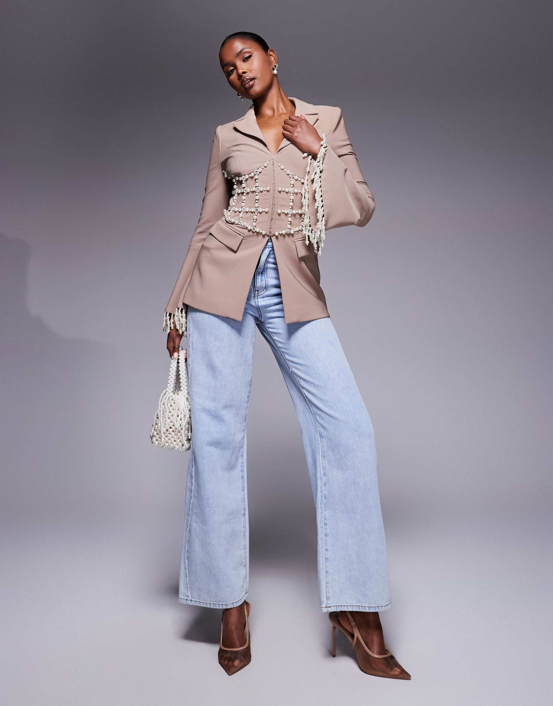 lavish alice pearl embellished blazer in mushroom